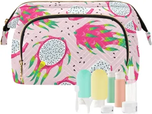 Women Wave Quilt Cosmetic Bag, Storage Pouch Handbag Makeup Case Zipper Toiletry Purse Holder Organizer 10.2x5.9x6.7 in Seamless White Purple Green Dragon Fruits Slices on Pink