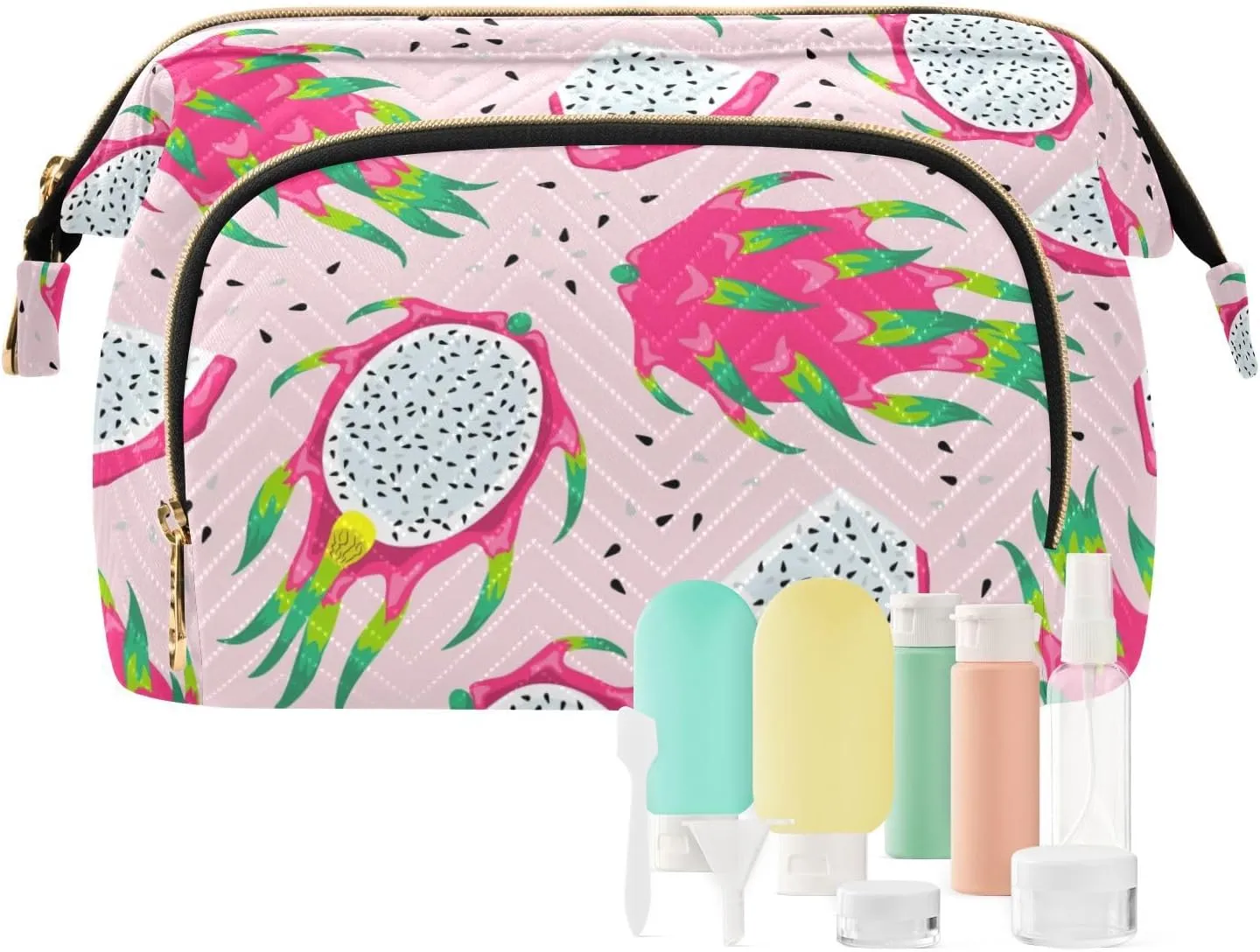 Women Wave Quilt Cosmetic Bag, Storage Pouch Handbag Makeup Case Zipper Toiletry Purse Holder Organizer 10.2x5.9x6.7 in Seamless White Purple Green Dragon Fruits Slices on Pink