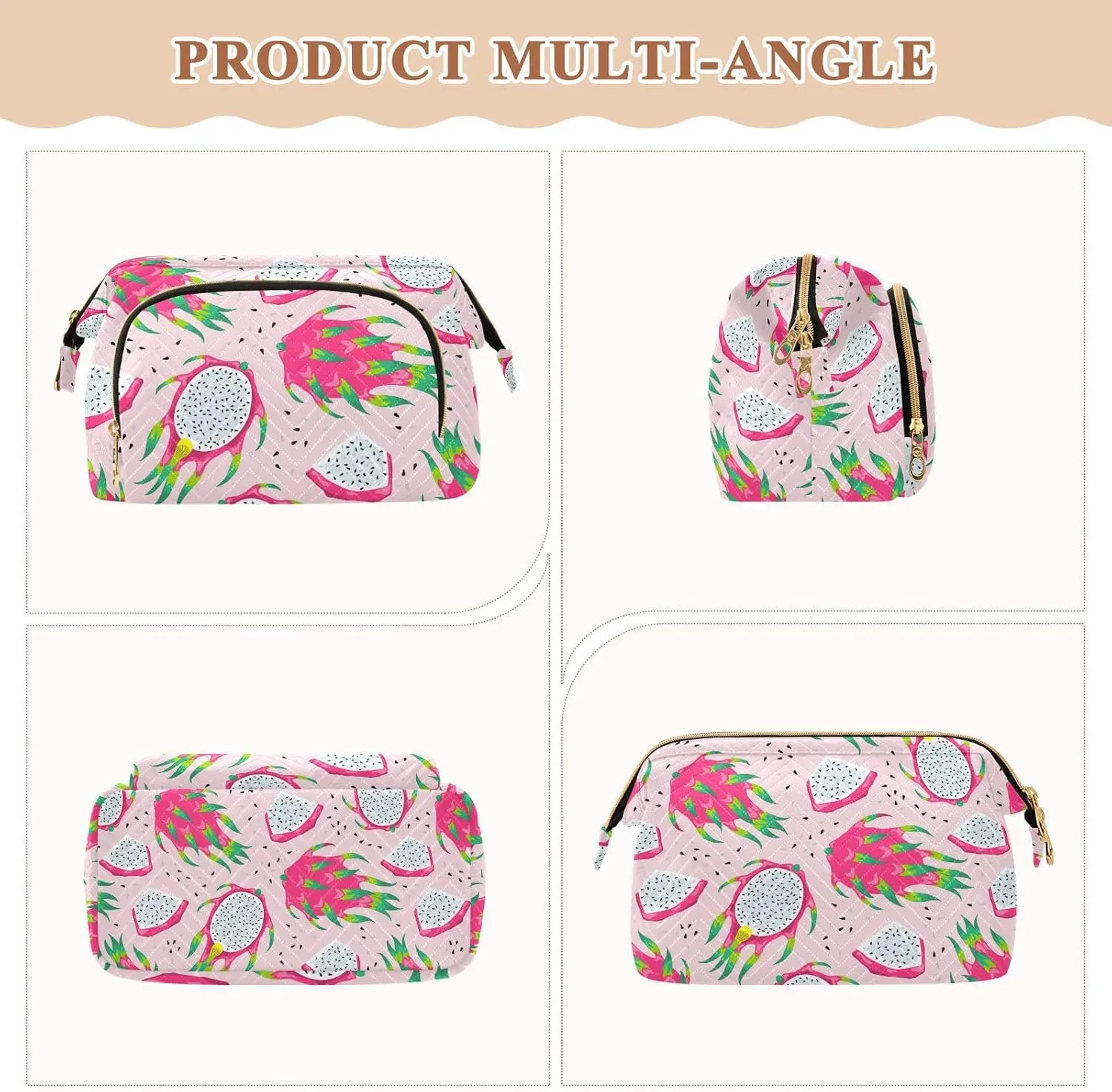 Women Wave Quilt Cosmetic Bag, Storage Pouch Handbag Makeup Case Zipper Toiletry Purse Holder Organizer 10.2x5.9x6.7 in Seamless White Purple Green Dragon Fruits Slices on Pink