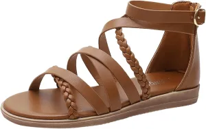 Womens Ankle Strap Flat Sandals Bohemian Knit Open Toe Crisscross Strappy Summer Dressy Comfortable Sandals