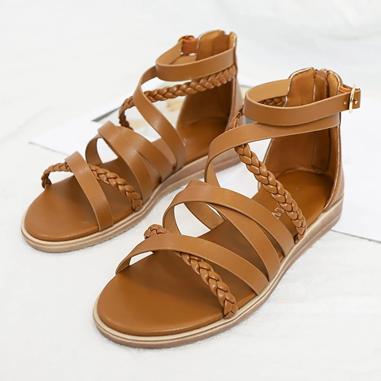Womens Ankle Strap Flat Sandals Bohemian Knit Open Toe Crisscross Strappy Summer Dressy Comfortable Sandals