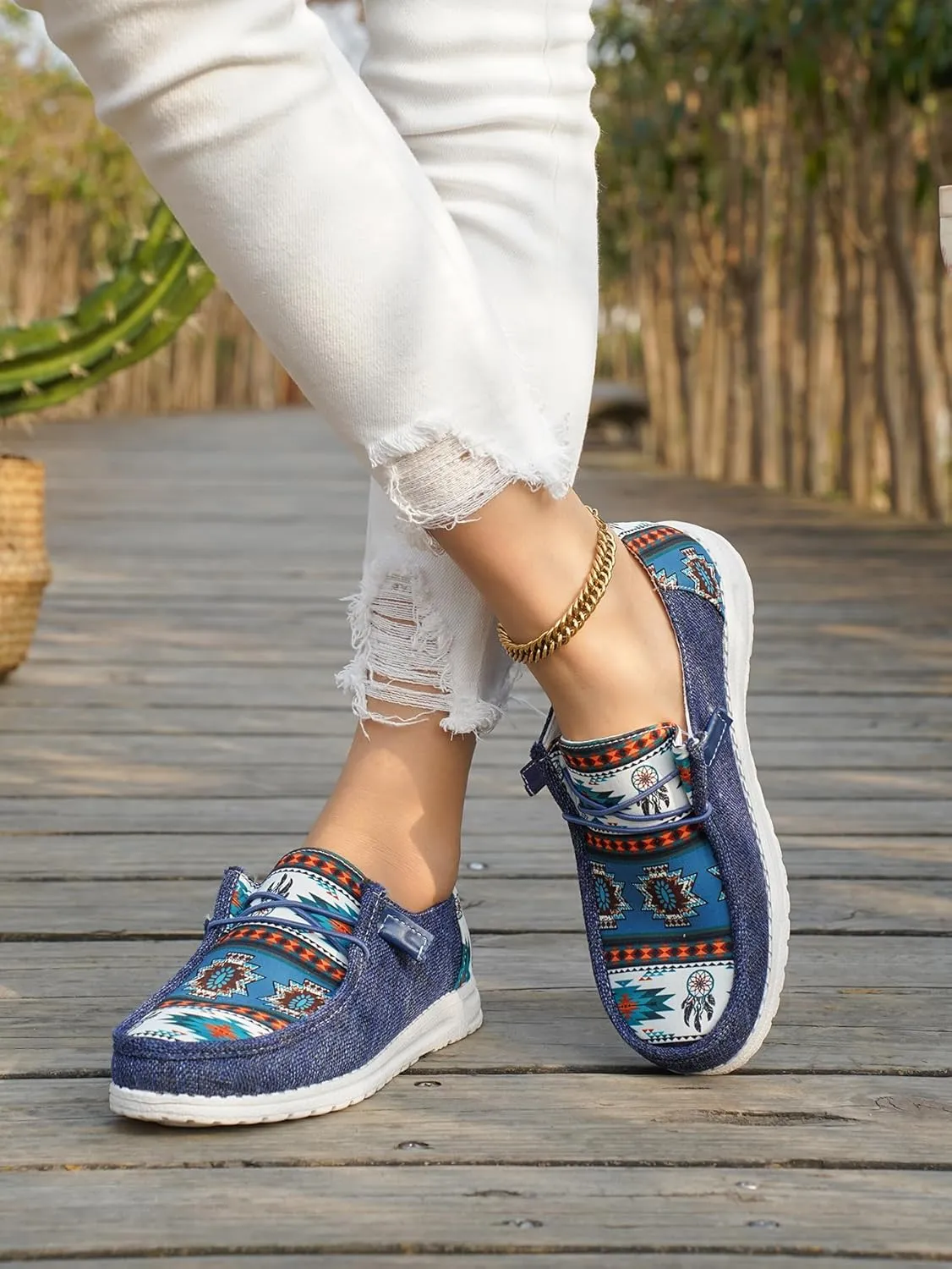 Women's Aztec Print Pattern Canvas Loafer Shoes Ethnic Lace-up Slip-on Sneakers Wide Width and Arch Support Lightweight Walking Breathable Shoes Comfort, Color Blue Brown Rose-Red