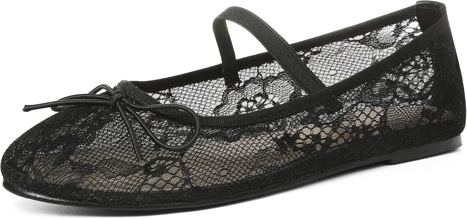 Women's Black Mesh Flats Shoes Ballet Flats for Women Floral Mary Jane Ballerina Round Toe Comfortable Daily Dress Summer Flats Shoes