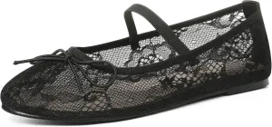 Women's Black Mesh Flats Shoes Ballet Flats for Women Floral Mary Jane Ballerina Round Toe Comfortable Daily Dress Summer Flats Shoes