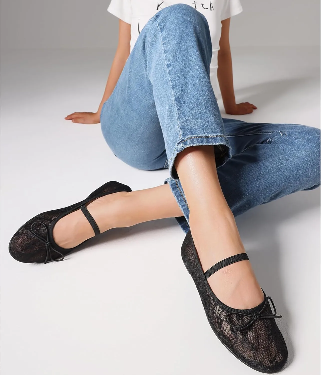 Women's Black Mesh Flats Shoes Ballet Flats for Women Floral Mary Jane Ballerina Round Toe Comfortable Daily Dress Summer Flats Shoes