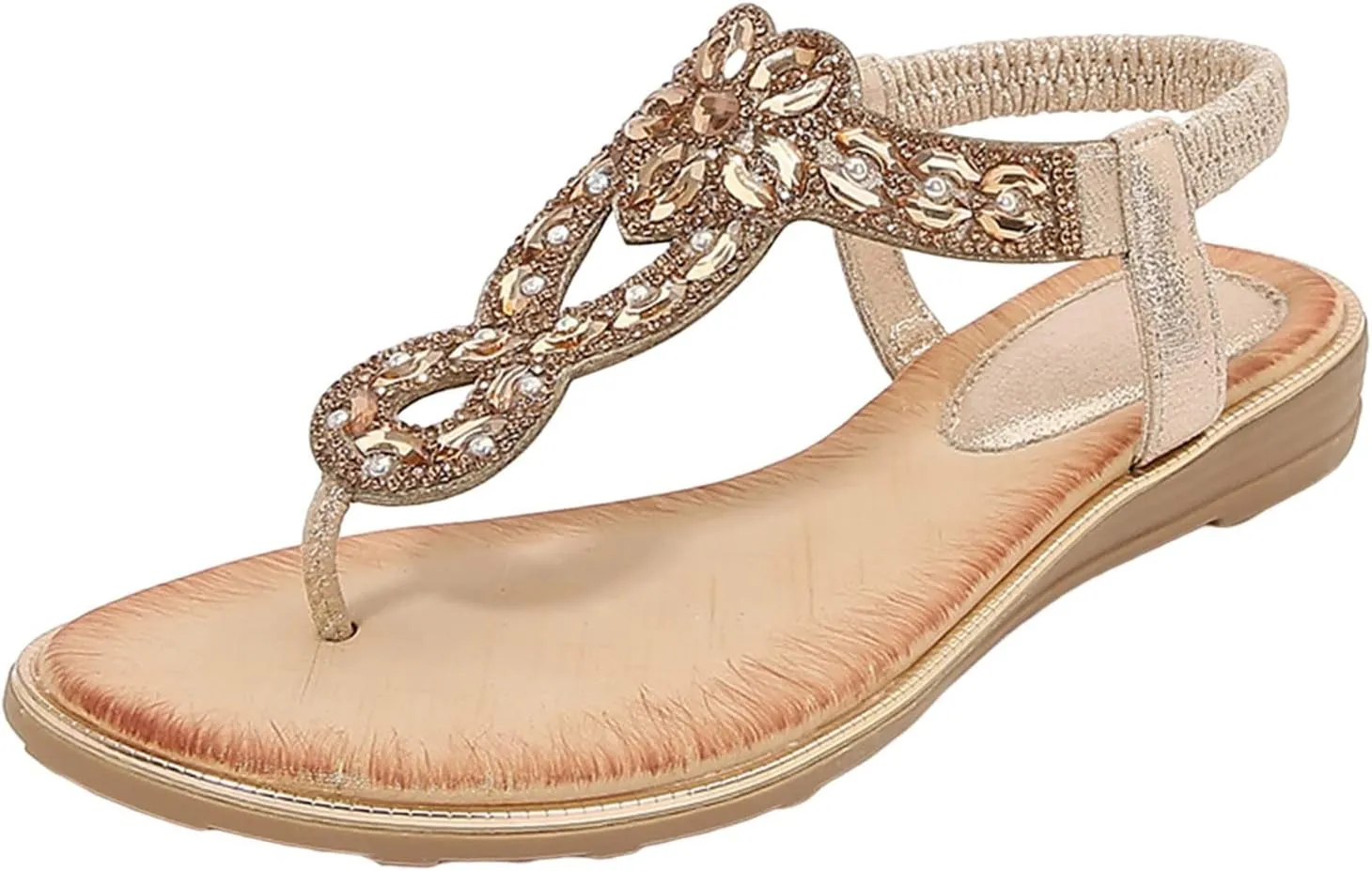 Womens Bohemian Summer Sandals,Casual Beaded Jeweled Sandal,Rhinestone Flower Elastic Ankle Strap Flat Sandals for Beach Pool