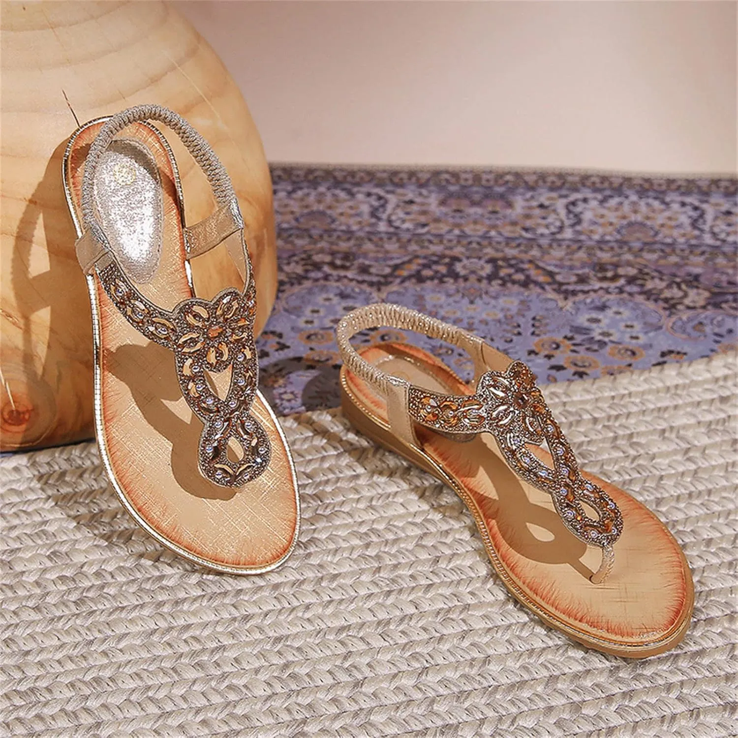 Womens Bohemian Summer Sandals,Casual Beaded Jeweled Sandal,Rhinestone Flower Elastic Ankle Strap Flat Sandals for Beach Pool