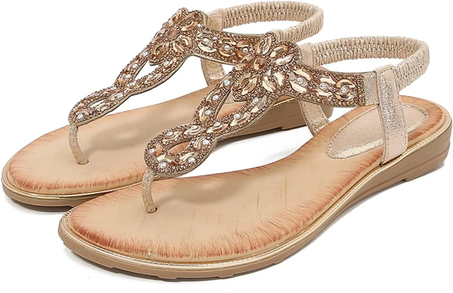 Womens Bohemian Summer Sandals,Casual Beaded Jeweled Sandal,Rhinestone Flower Elastic Ankle Strap Flat Sandals for Beach Pool