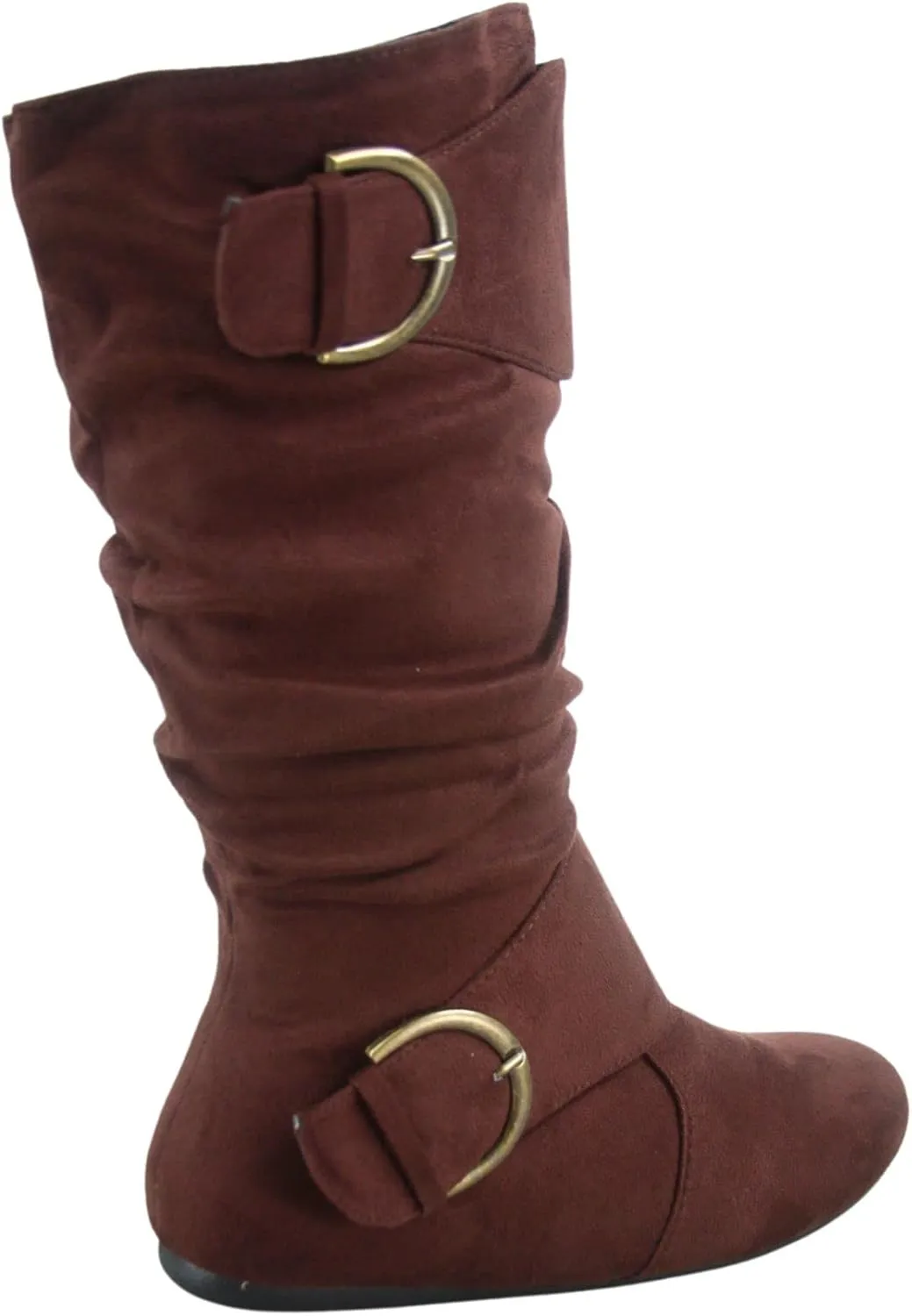 Women's Closed Round Toe Buckle Side Zip Buckle Slouch Flat Heel Mid-Calf Boot