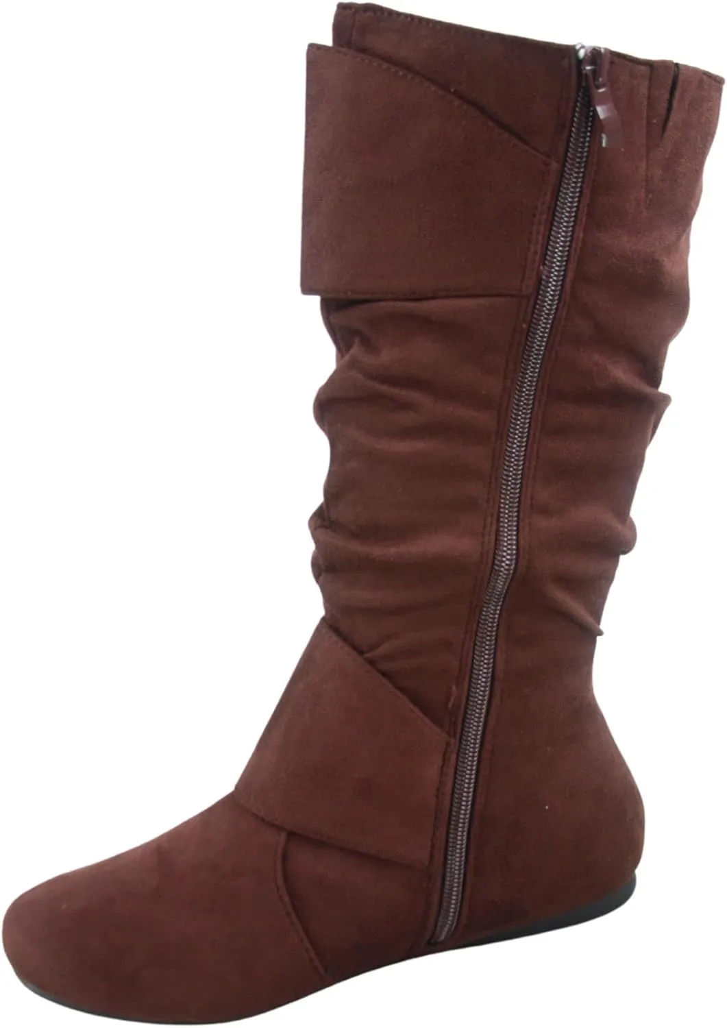 Women's Closed Round Toe Buckle Side Zip Buckle Slouch Flat Heel Mid-Calf Boot