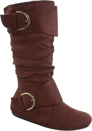 Women's Closed Round Toe Buckle Side Zip Buckle Slouch Flat Heel Mid-Calf Boot