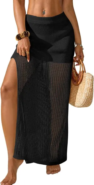 Womens Crochet Elastic Waist Beach Skirt Summer 2025 Hollow Out Sheer Side Slit Bathing Suit Cover Up Maxi Skirt