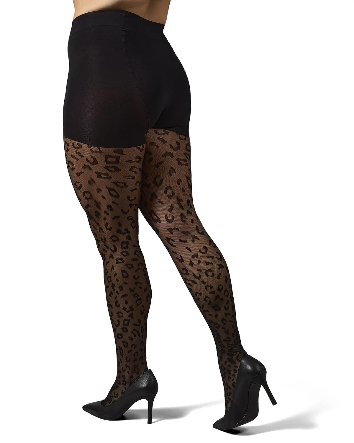 Women's Curvy Leopard Sheer Nylon Control Top Tights