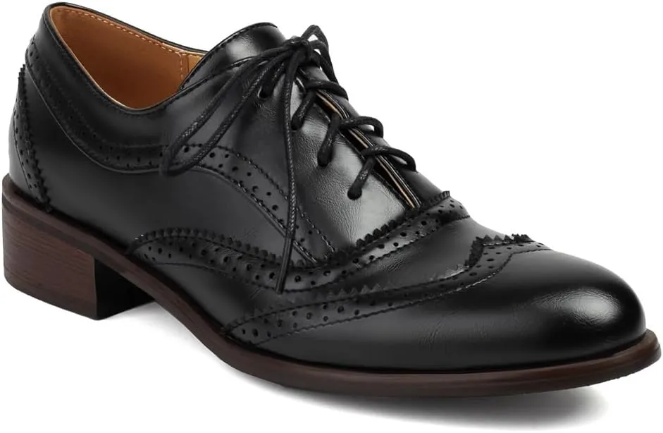 Women's Flat Saddle Oxford Shoes Round Toe Wingtip Lace Up Low Heel Perforated School Uniform Oxfords Brogues