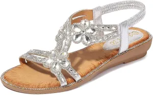 Women's Flat Sandals Summer Beach Sandal T-Strap Rhinestone Beaded Bohemia Shoes