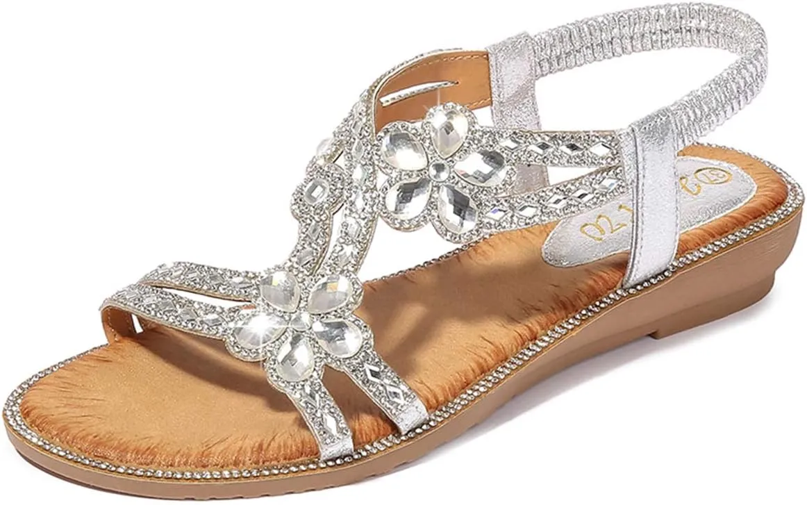 Women's Flat Sandals Summer Beach Sandal T-Strap Rhinestone Beaded Bohemia Shoes