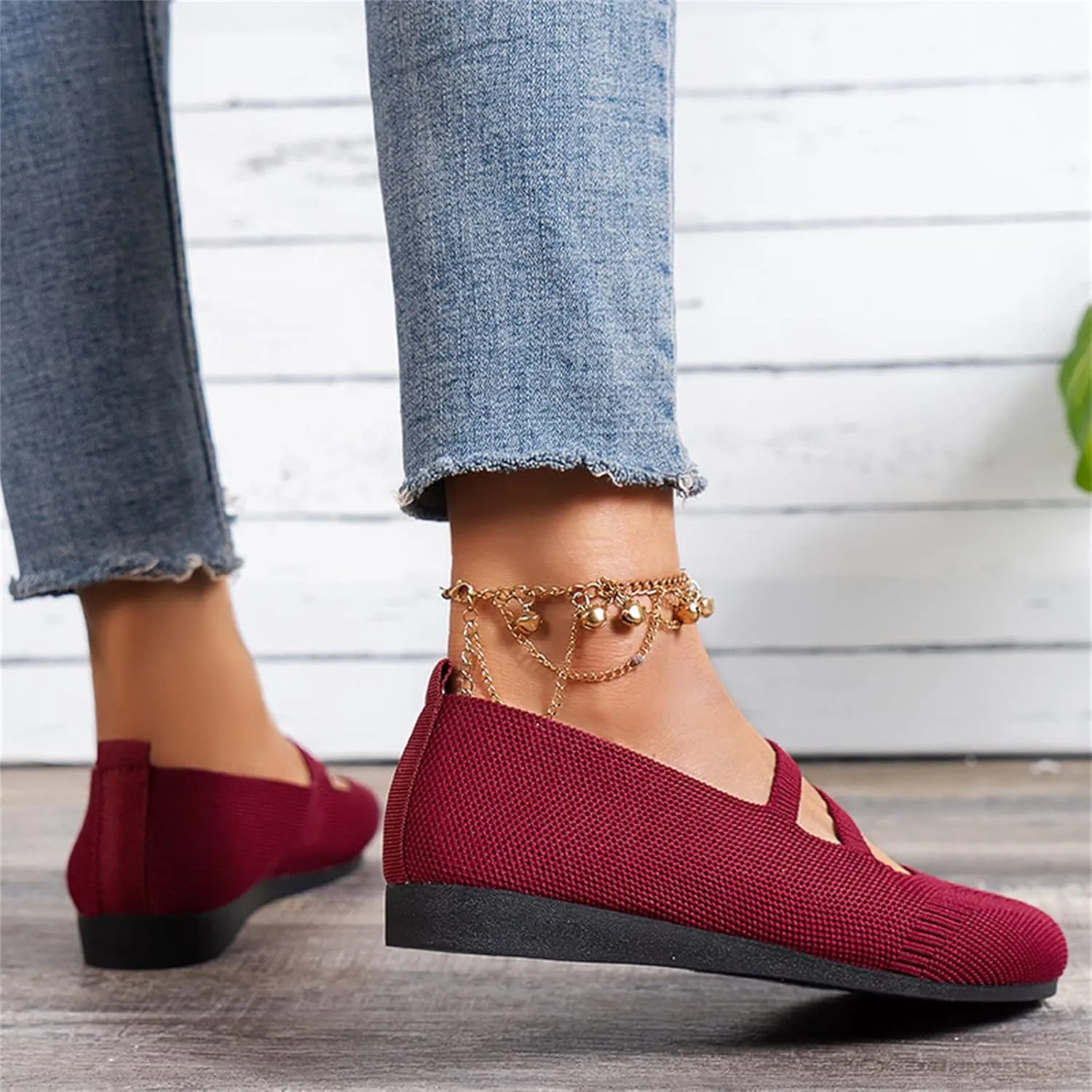 Women's Flat Shoes Knit Ballet Flat Dressy Casual Shoes Slip on Work Shoes Round Toe Office Shoes Comfort Dress Flats