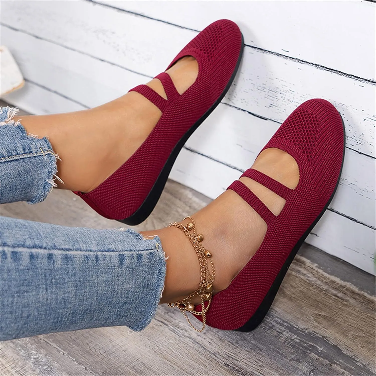 Women's Flat Shoes Knit Ballet Flat Dressy Casual Shoes Slip on Work Shoes Round Toe Office Shoes Comfort Dress Flats