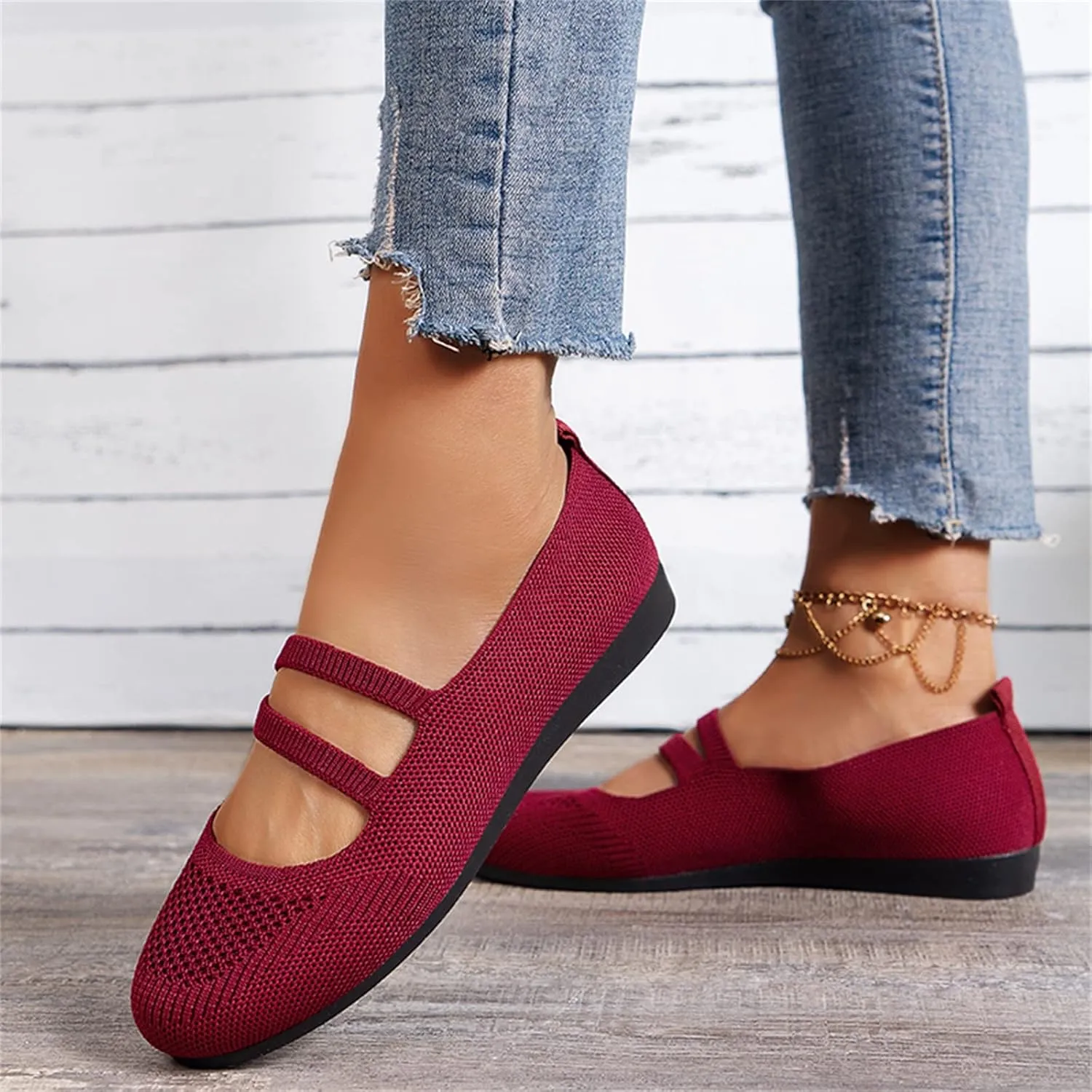 Women's Flat Shoes Knit Ballet Flat Dressy Casual Shoes Slip on Work Shoes Round Toe Office Shoes Comfort Dress Flats