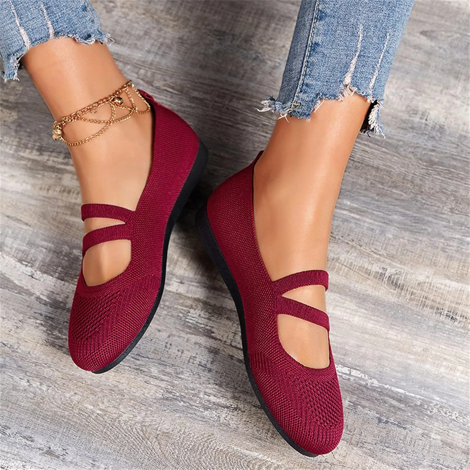 Women's Flat Shoes Knit Ballet Flat Dressy Casual Shoes Slip on Work Shoes Round Toe Office Shoes Comfort Dress Flats