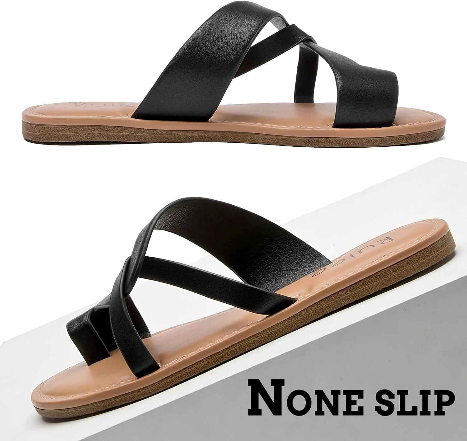 Women's Flat Slides Sandals, Summer Flip Flops Comfort Round Open Toe Slip On Strap Thong Beach Shoes for Women.