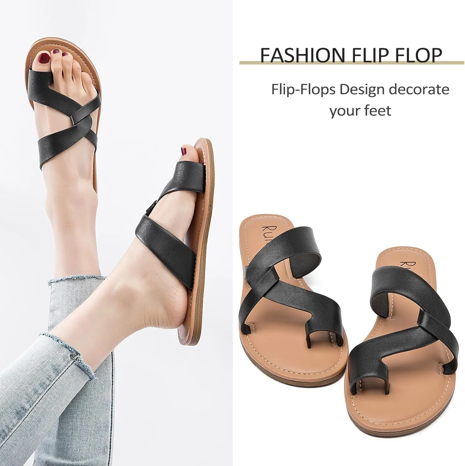 Women's Flat Slides Sandals, Summer Flip Flops Comfort Round Open Toe Slip On Strap Thong Beach Shoes for Women.