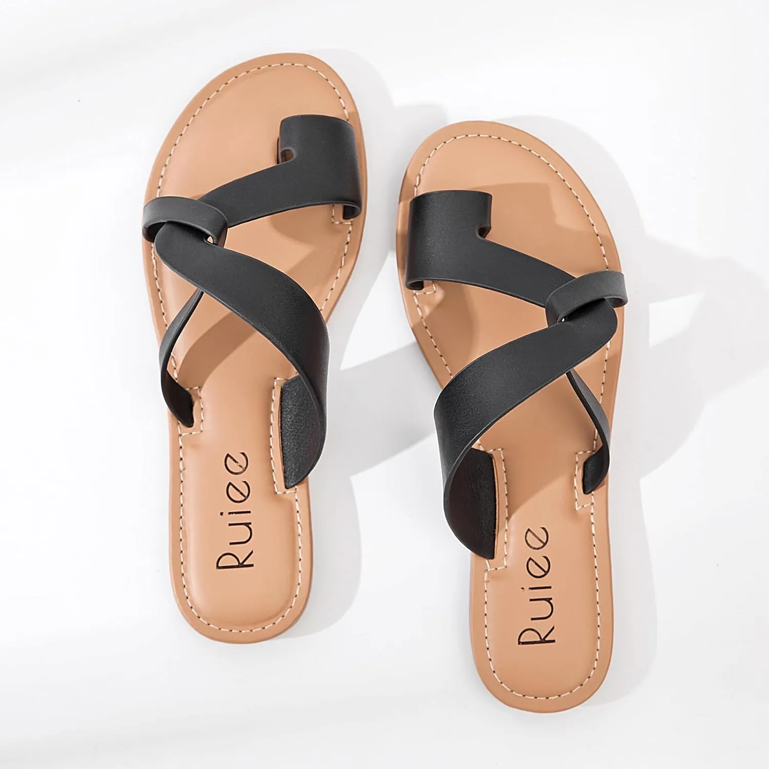 Women's Flat Slides Sandals, Summer Flip Flops Comfort Round Open Toe Slip On Strap Thong Beach Shoes for Women.