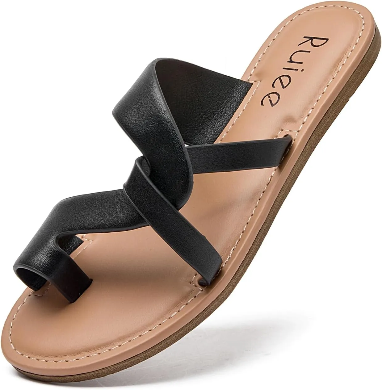Women's Flat Slides Sandals, Summer Flip Flops Comfort Round Open Toe Slip On Strap Thong Beach Shoes for Women.