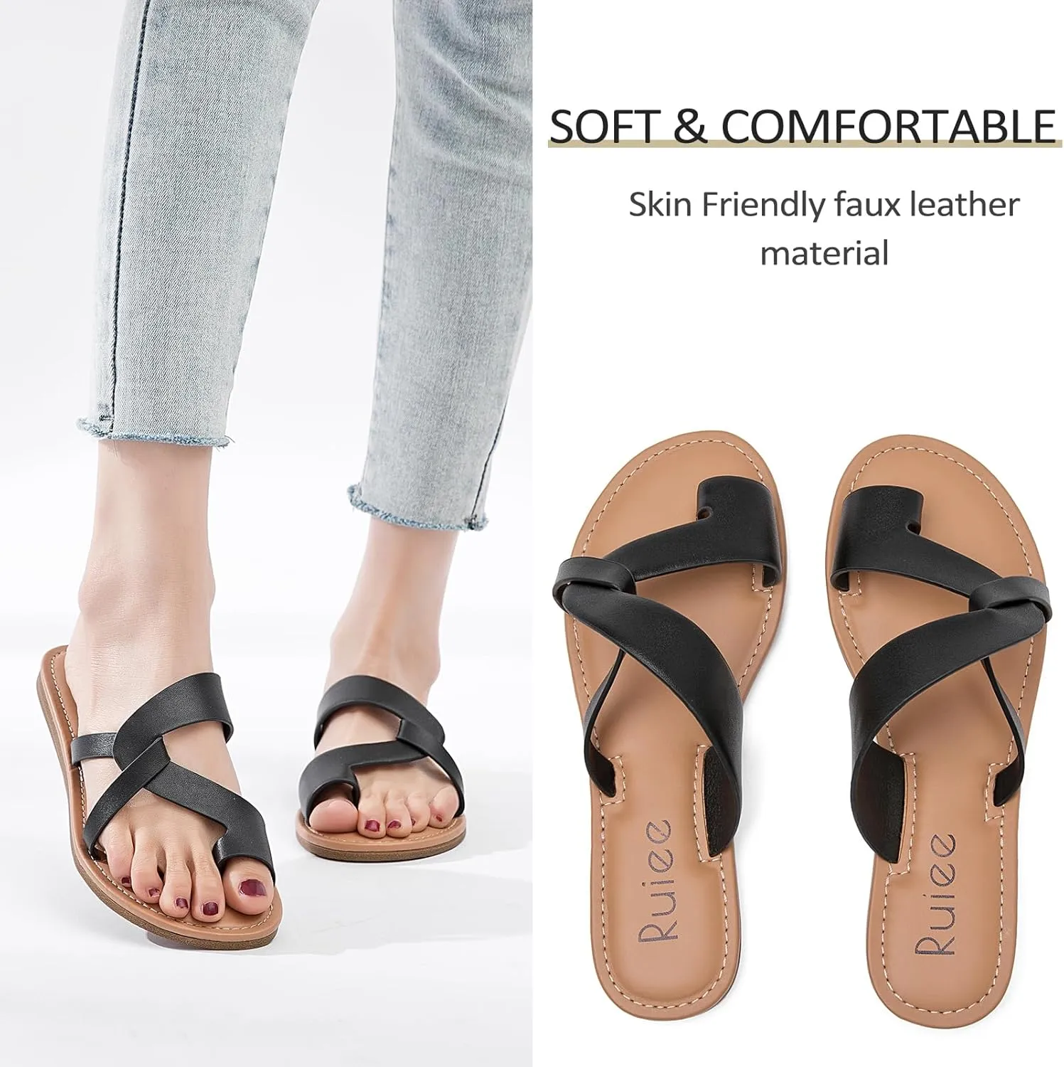 Women's Flat Slides Sandals, Summer Flip Flops Comfort Round Open Toe Slip On Strap Thong Beach Shoes for Women.