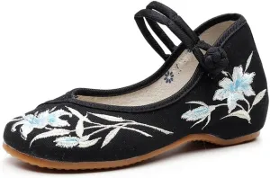 Women's Floral Embroidered Buckle Flat Shoes Handmade Flower Embroidery Round Toe Dress Mary Jane Shoes Cheongsam Shoes