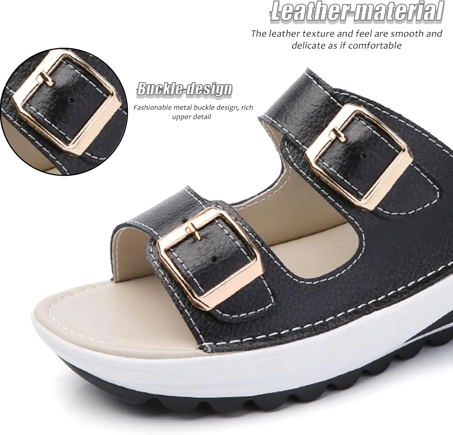 Women'S Leather Buckle Platform Sandals Breathable Round Open Toe Lug Sole Non-Slip Slip-On Walking Sandals Suitable For Beach Walks