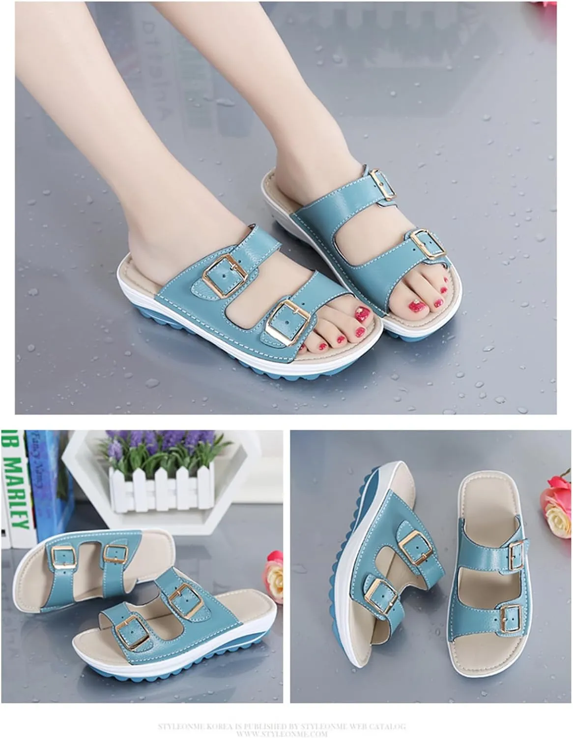 Women'S Leather Buckle Platform Sandals Breathable Round Open Toe Lug Sole Non-Slip Slip-On Walking Sandals Suitable For Beach Walks