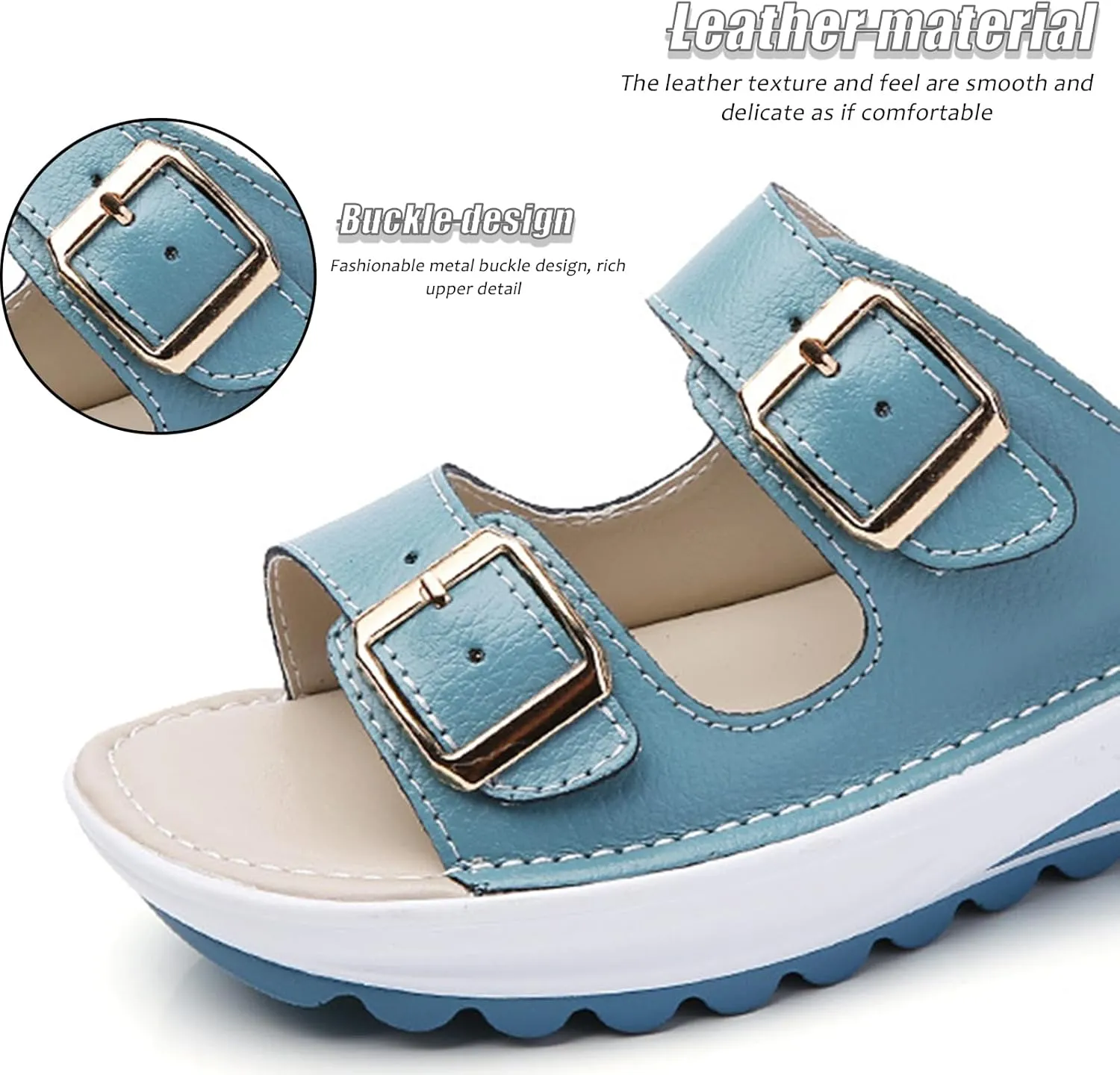 Women'S Leather Buckle Platform Sandals Breathable Round Open Toe Lug Sole Non-Slip Slip-On Walking Sandals Suitable For Beach Walks