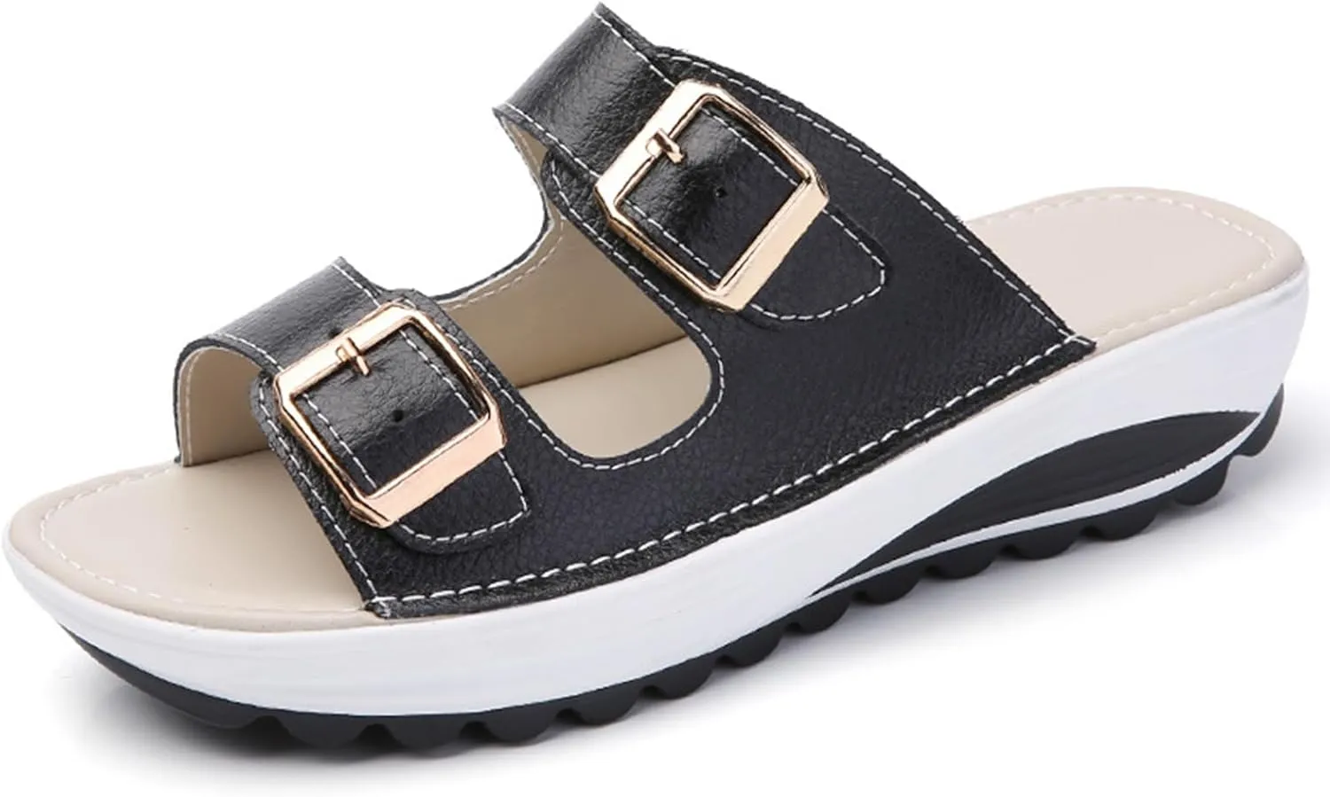 Women'S Leather Buckle Platform Sandals Breathable Round Open Toe Lug Sole Non-Slip Slip-On Walking Sandals Suitable For Beach Walks