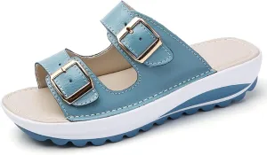 Women'S Leather Buckle Platform Sandals Breathable Round Open Toe Lug Sole Non-Slip Slip-On Walking Sandals Suitable For Beach Walks