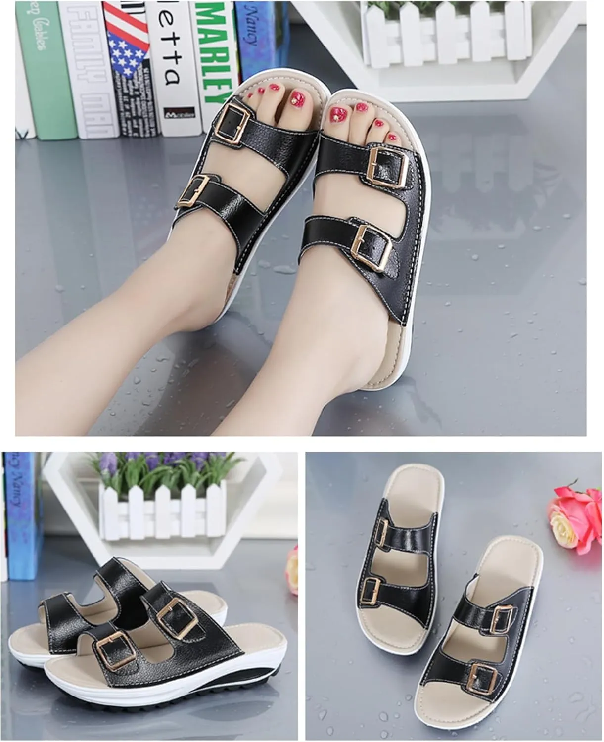 Women'S Leather Buckle Platform Sandals Breathable Round Open Toe Lug Sole Non-Slip Slip-On Walking Sandals Suitable For Beach Walks
