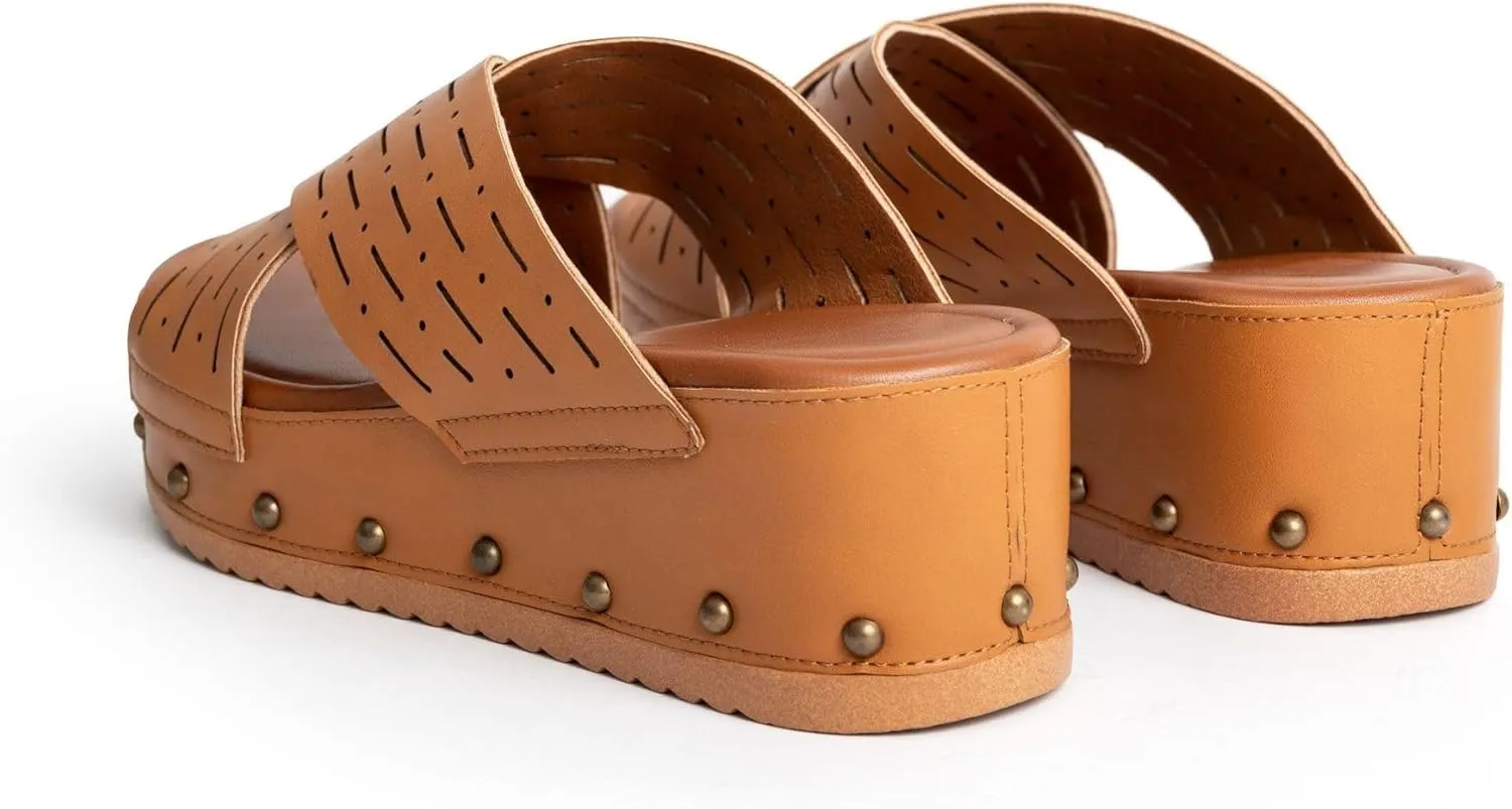 Women's Leather Studded Wedge Slide Sandals Fashion Open Toe Non-Slip Slip-On Platform Slippers For Outdoor Summer Beach Walking