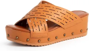 Women's Leather Studded Wedge Slide Sandals Fashion Open Toe Non-Slip Slip-On Platform Slippers For Outdoor Summer Beach Walking