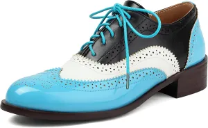 Women's Multicolor Leather Flat Classic Lace Up Oxfords Brogue Wingtip Round Toe Vintage Low Heel Pumps Business Work Office Dress Comfortable Shoes