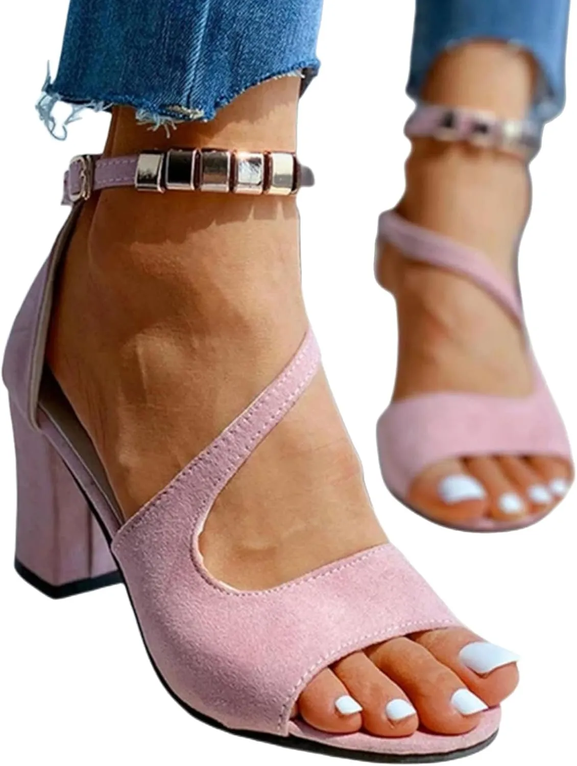 Womens Open Toe Ankle Strap Buckle Chunky High Heels Sandals Shoes Thick Sole High Fashion Heel Leather Rhinestones Buckle Mouth Ladies Fish Cushion Sandals