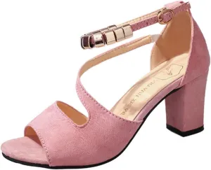 Womens Open Toe Ankle Strap Buckle Chunky High Heels Sandals Shoes Thick Sole High Fashion Heel Leather Rhinestones Buckle Mouth Ladies Fish Cushion Sandals