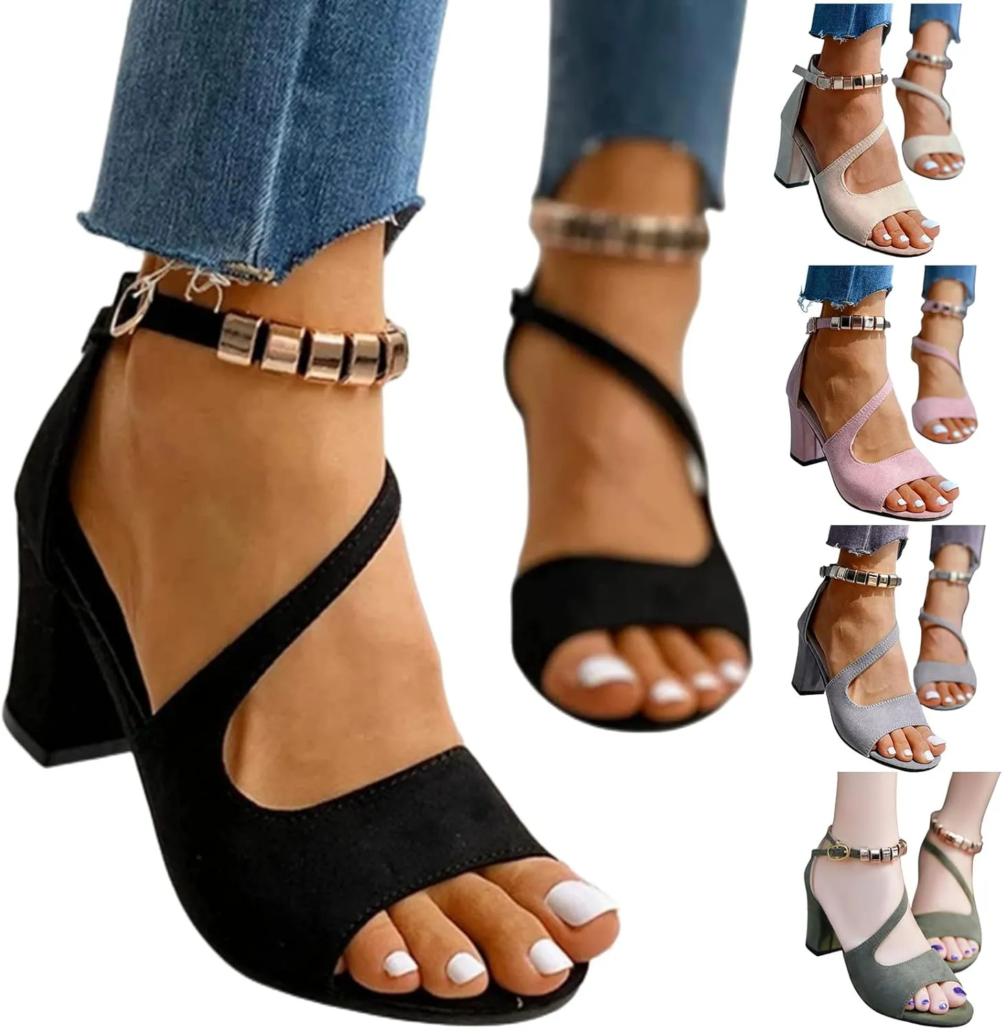 Womens Open Toe Ankle Strap Buckle Chunky High Heels Sandals Shoes Thick Sole High Fashion Heel Leather Rhinestones Buckle Mouth Ladies Fish Cushion Sandals