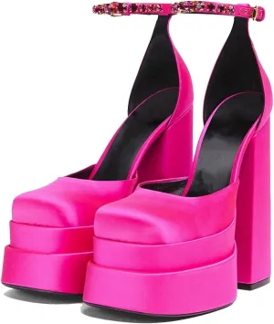 Womens Platform Chunky Heel Dress Pumps Ankle Strap Block High Heel Silk Satin Square Toe Rhinestones Heeled Pumps