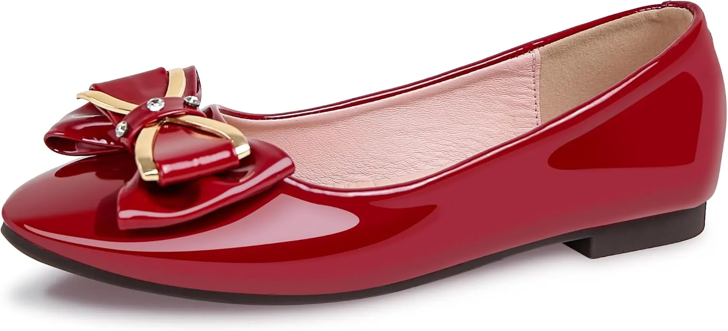 Women's Round Toe Leather Flats Cute Bow Ballet Flats Dress Shoes Comfort Slip on Flat Shoe