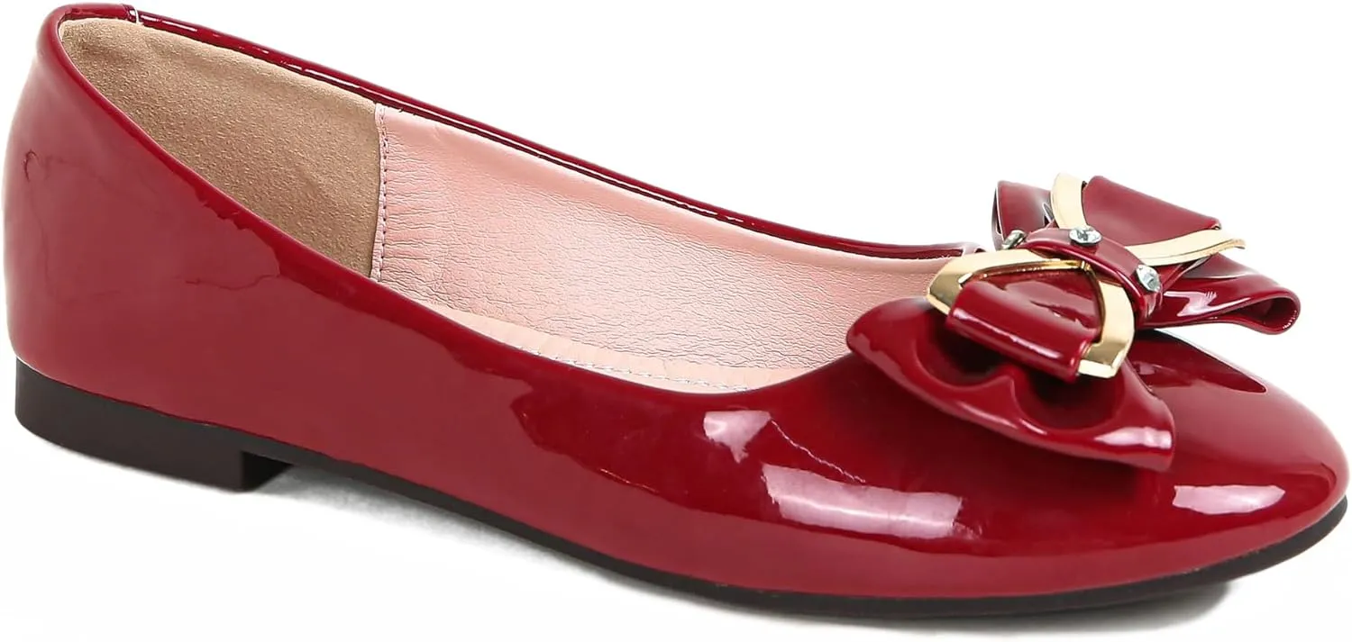 Women's Round Toe Leather Flats Cute Bow Ballet Flats Dress Shoes Comfort Slip on Flat Shoe