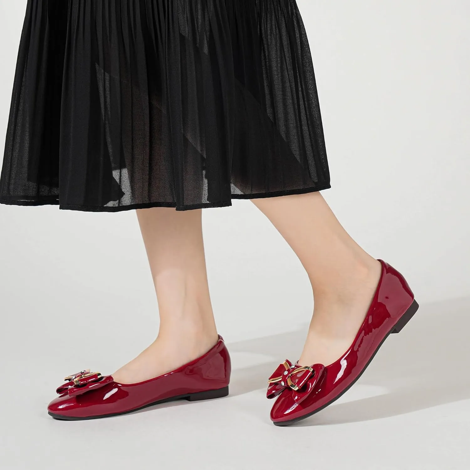Women's Round Toe Leather Flats Cute Bow Ballet Flats Dress Shoes Comfort Slip on Flat Shoe