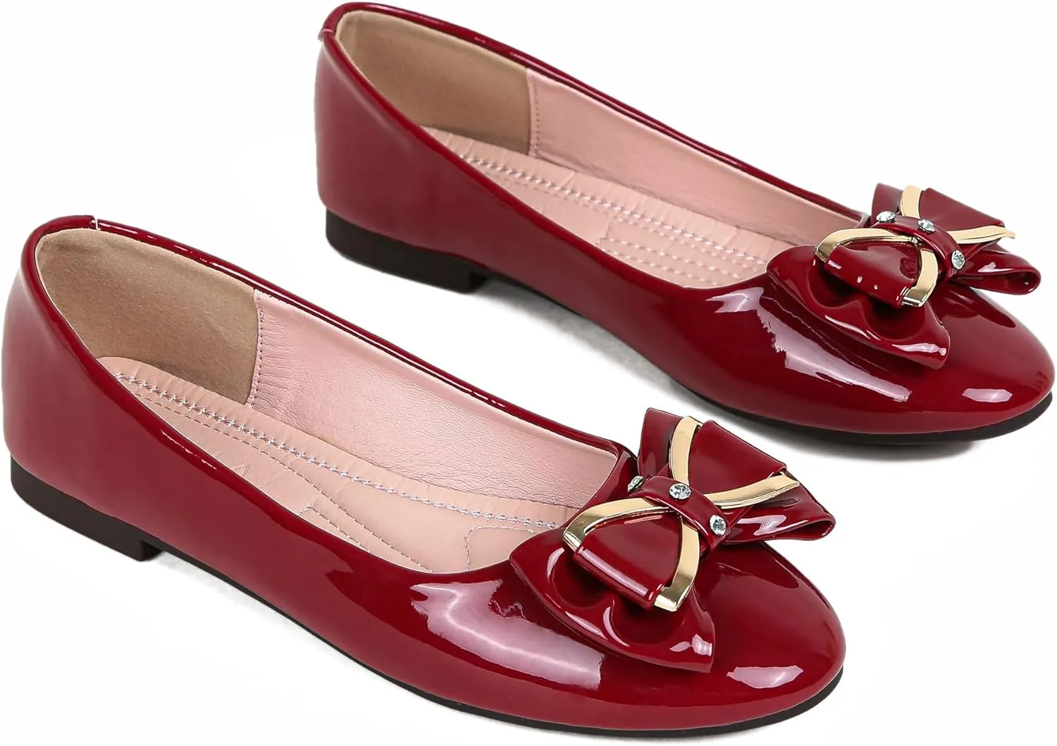 Women's Round Toe Leather Flats Cute Bow Ballet Flats Dress Shoes Comfort Slip on Flat Shoe