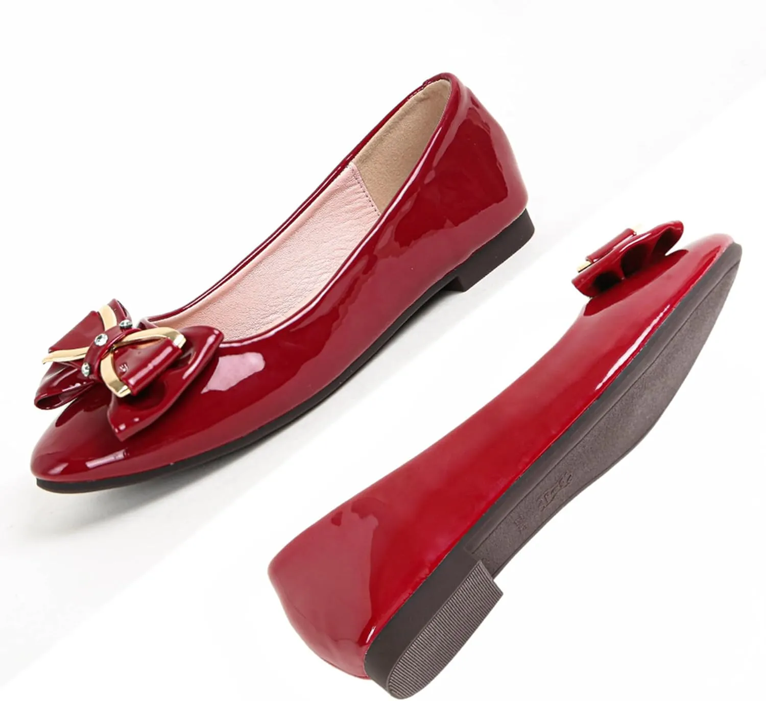 Women's Round Toe Leather Flats Cute Bow Ballet Flats Dress Shoes Comfort Slip on Flat Shoe