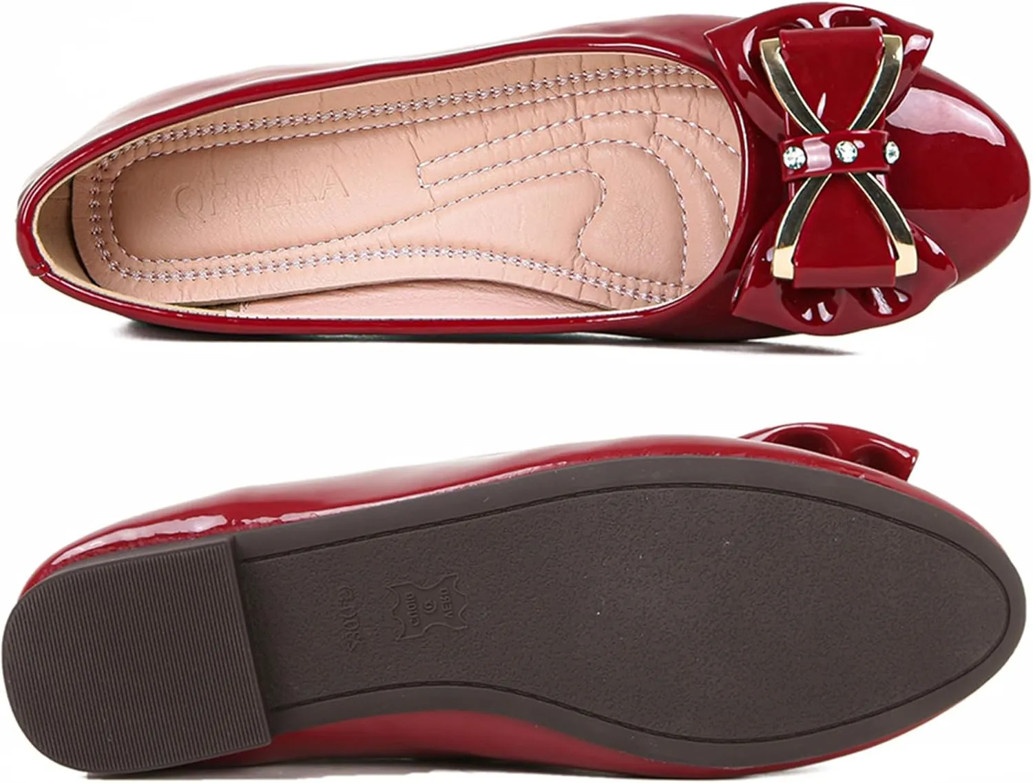 Women's Round Toe Leather Flats Cute Bow Ballet Flats Dress Shoes Comfort Slip on Flat Shoe