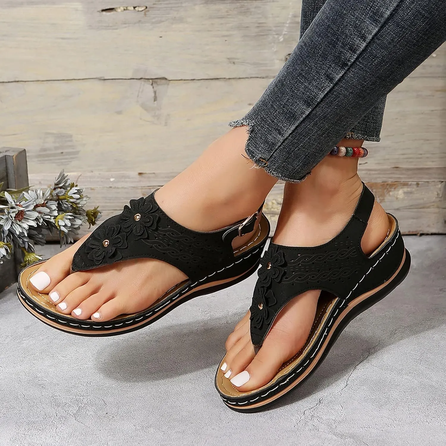 Womens Sandals with Arch Support Walking Flip Flops Shower Wide Wedge Sandal Dressy Summer Arch Support Shoes for Woman Wedge Shoes Slip On Wide Width Dressy Orthopedic Shoe